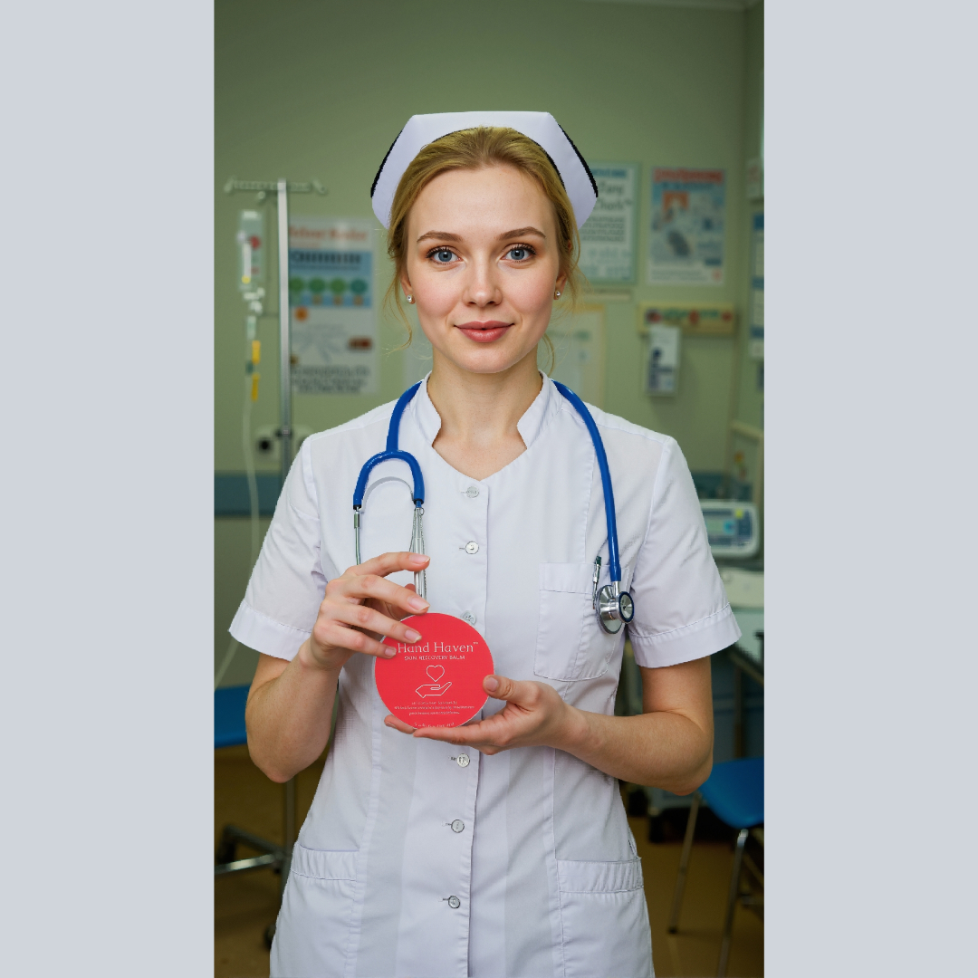 A nurse in a white uniform with a stethoscope around her neck holds a jar of Hand Haven Skin Recovery Balm in a medical setting. The jar’s red lid features the Hand Haven logo and text, promoting its all-natural formula for frequent handwashers. The background includes medical equipment like an IV stand and health posters, highlighting the balm’s relevance for healthcare professionals.